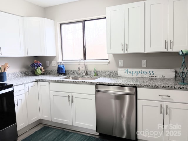 kitchen with a sink, range with electric cooktop, white cabinetry, and dishwasher