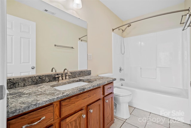 full bath with visible vents, bathing tub / shower combination, toilet, tile patterned flooring, and vanity