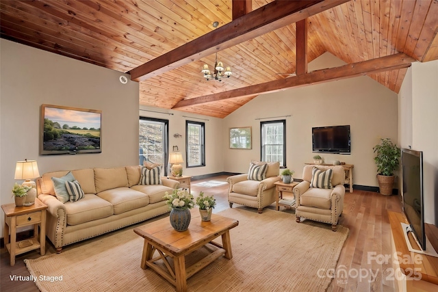 living area featuring lofted ceiling with beams, a notable chandelier, wood finished floors, wood ceiling, and baseboards