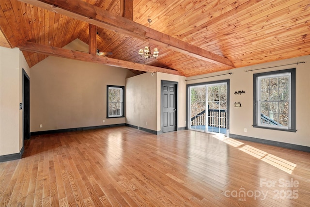 unfurnished living room with wood ceiling, light wood-style flooring, and an inviting chandelier