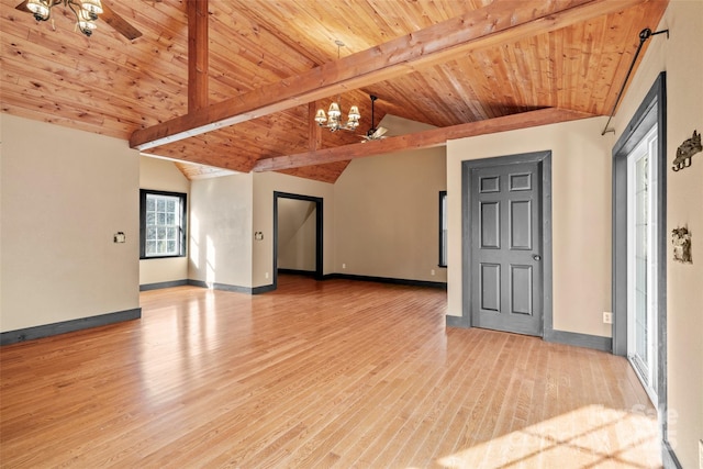 spare room featuring vaulted ceiling with beams, wood ceiling, light wood-style floors, baseboards, and an inviting chandelier