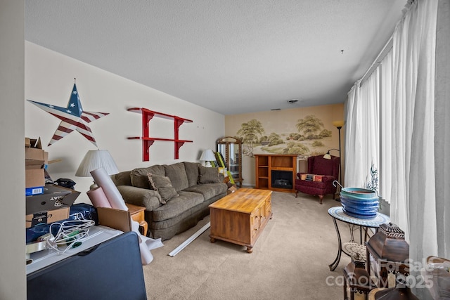 living area featuring light carpet and a textured ceiling