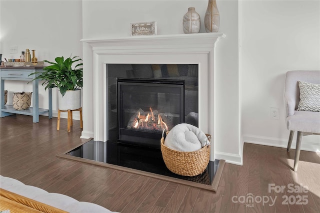 room details with a fireplace with flush hearth, baseboards, and wood finished floors