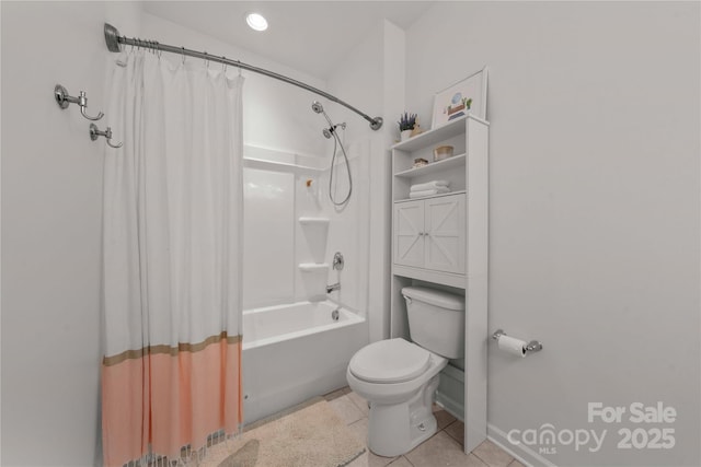 bathroom with toilet, shower / tub combo, and tile patterned flooring