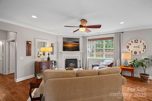 living room with baseboards, crown molding, and wood finished floors