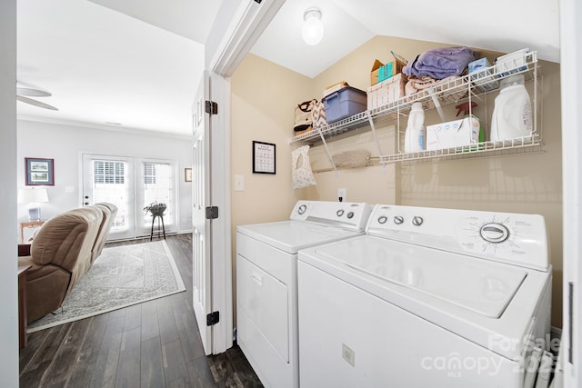 laundry room with washer and dryer, laundry area, ceiling fan, and dark wood-style flooring