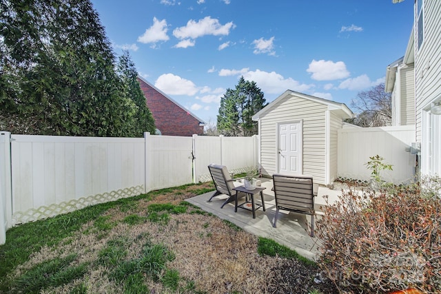 view of yard with an outbuilding, a patio area, a fenced backyard, and a storage unit