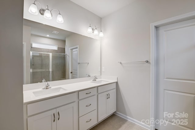 2656 Tillman St, Monroe, NC 28112 - full bathroom with a stall shower, double vanity, and baseboards