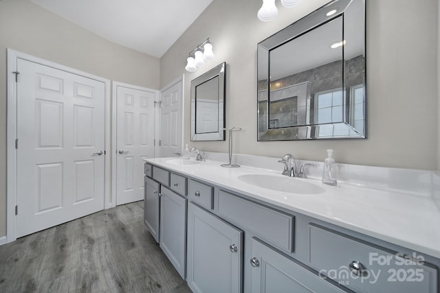 bathroom with double vanity, wood finished floors, and a sink