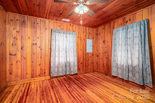 spare room with visible vents, light wood-style flooring, wood ceiling, ceiling fan, and wooden walls