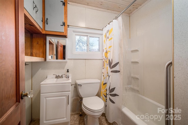 bathroom with toilet, shower / bathtub combination with curtain, and vanity