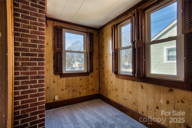 empty room with wood walls, ornamental molding, and dark colored carpet