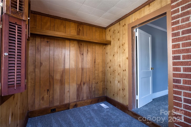 empty room with wood walls, baseboards, dark carpet, and crown molding