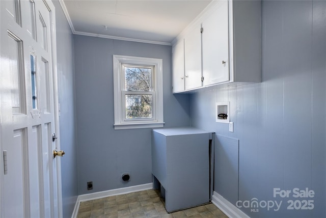 laundry area featuring cabinet space, baseboards, ornamental molding, washer hookup, and electric dryer hookup