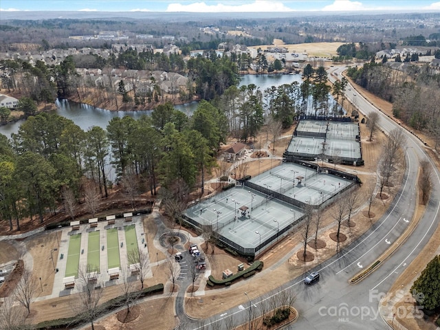 drone / aerial view featuring a water view