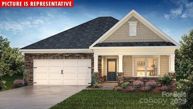 view of front of property with stone siding, a shingled roof, an attached garage, and driveway