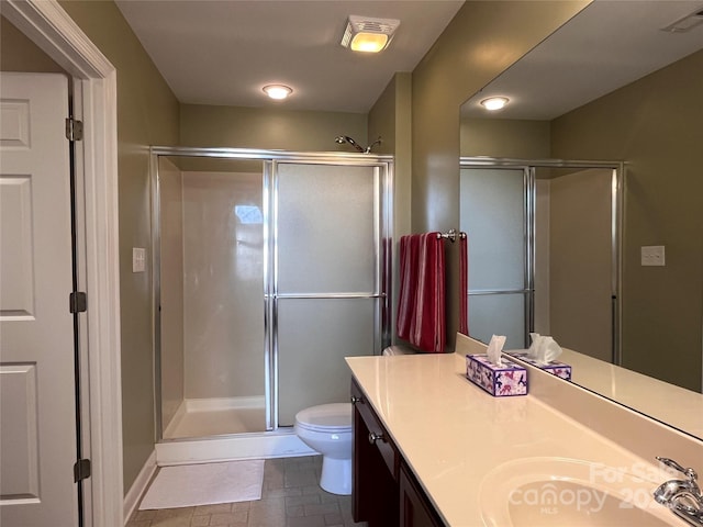 bathroom featuring a stall shower, visible vents, vanity, and toilet