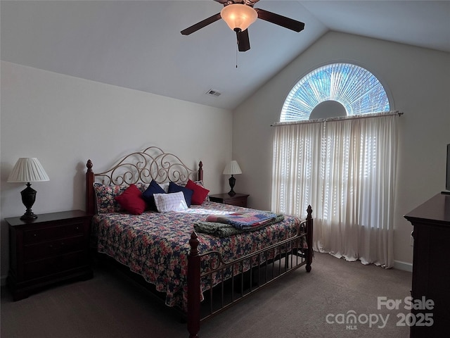 bedroom featuring vaulted ceiling, ceiling fan, carpet flooring, and visible vents