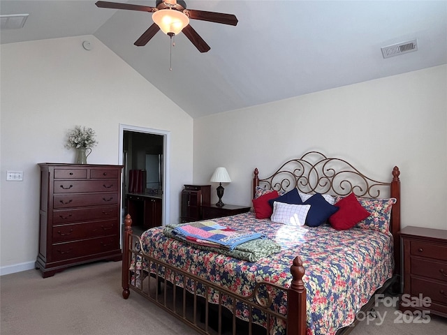 bedroom with lofted ceiling, ceiling fan, carpet, and visible vents