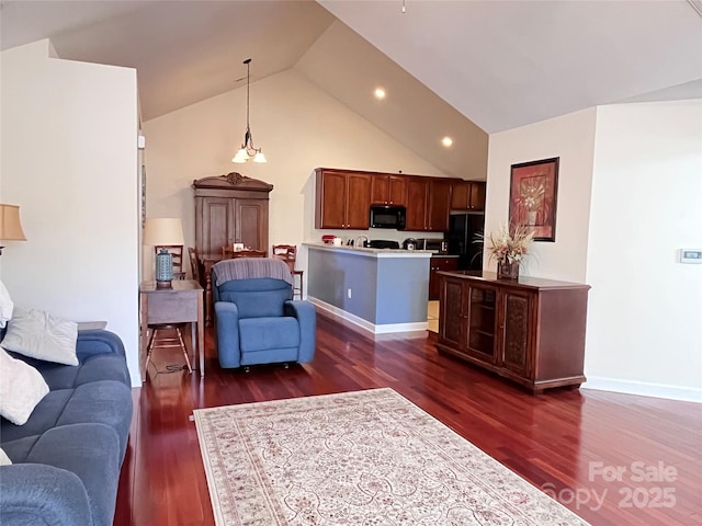 living room with high vaulted ceiling, dark wood-style flooring, recessed lighting, and baseboards