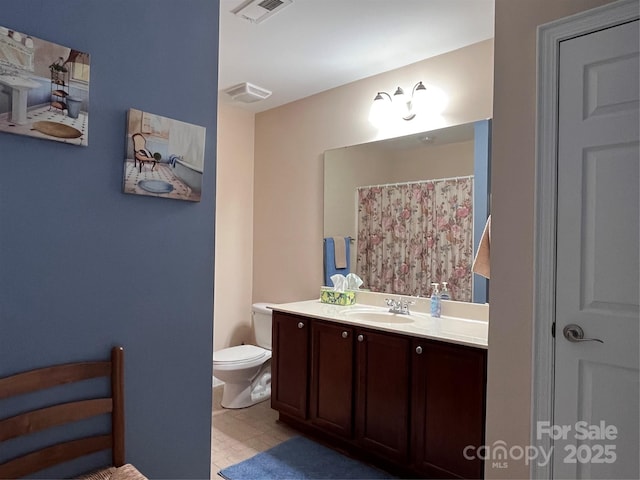 full bath with toilet, vanity, and visible vents