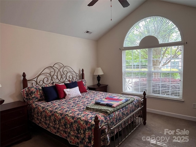5518 Prosperity View Dr, Charlotte, NC 28269 - bedroom featuring carpet, baseboards, visible vents, a ceiling fan, and lofted ceiling