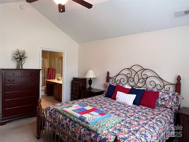 5518 Prosperity View Dr, Charlotte, NC 28269 - bedroom featuring connected bathroom, ceiling fan, visible vents, vaulted ceiling, and light carpet