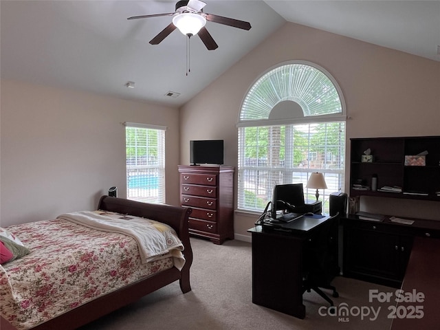 5518 Prosperity View Dr, Charlotte, NC 28269 - bedroom featuring a ceiling fan, carpet flooring, lofted ceiling, and visible vents