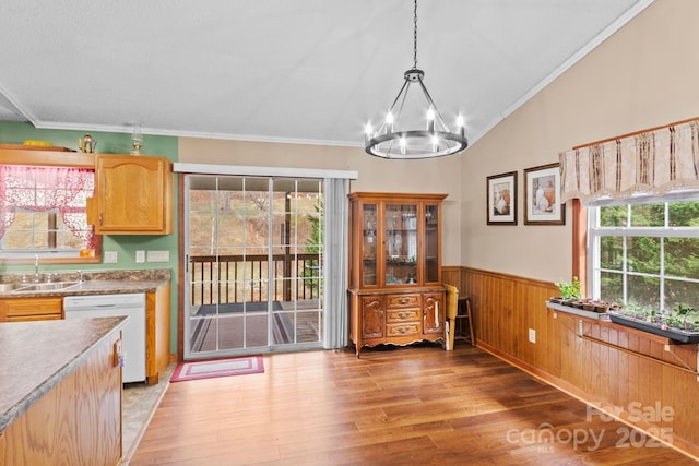 unfurnished dining area featuring wooden walls, a wainscoted wall, a sink, light wood-style floors, and vaulted ceiling