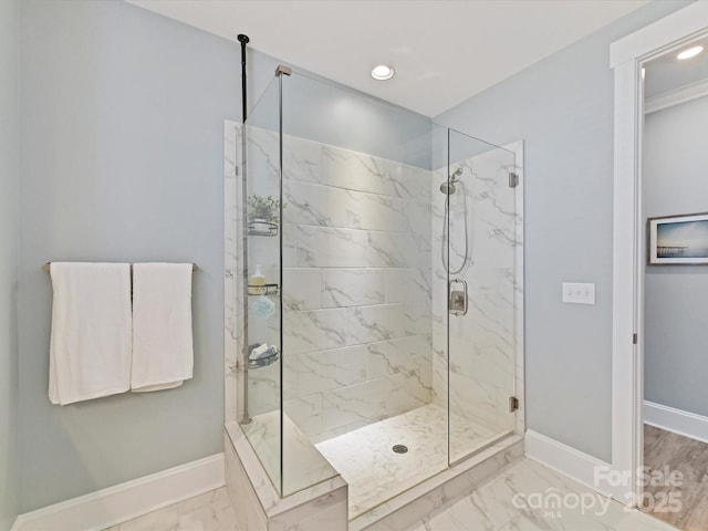 full bathroom with a marble finish shower, marble finish floor, baseboards, and recessed lighting