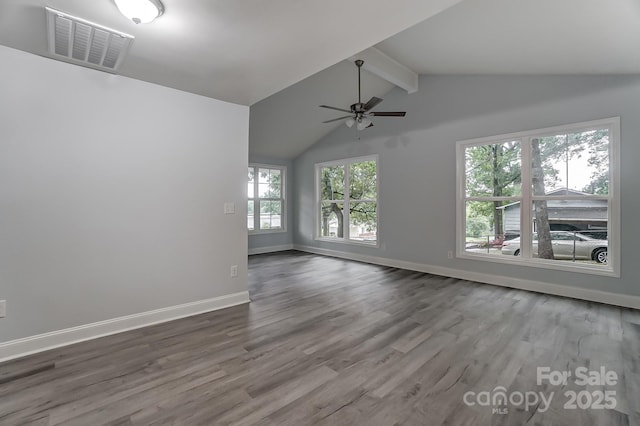 empty room with visible vents, lofted ceiling with beams, a ceiling fan, wood finished floors, and baseboards