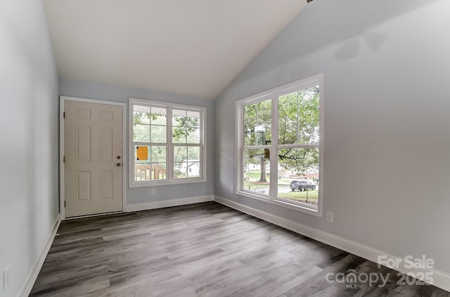 interior space with lofted ceiling, baseboards, and wood finished floors