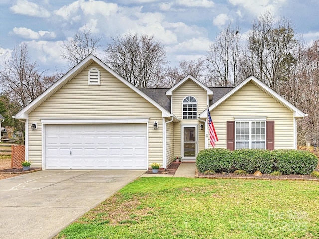 view of front of property featuring an attached garage, concrete driveway, a front lawn, and a shingled roof