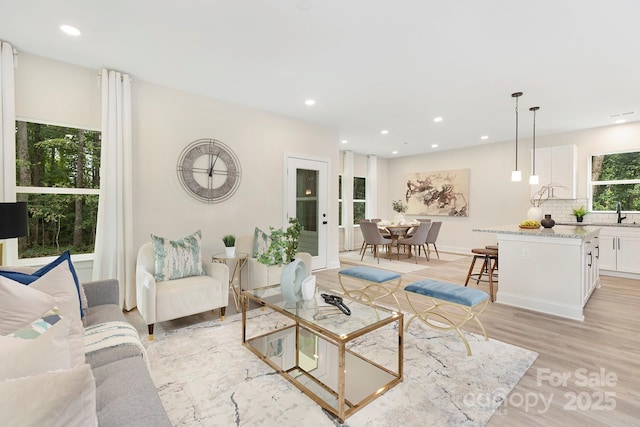 living room featuring light wood-style floors and recessed lighting