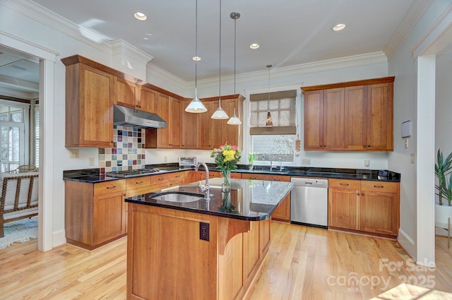 kitchen featuring appliances with stainless steel finishes, brown cabinetry, a sink, and under cabinet range hood