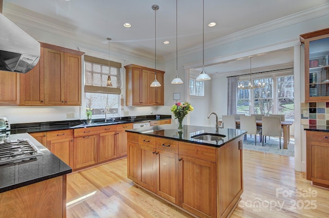 kitchen featuring decorative light fixtures, a sink, an island with sink, and exhaust hood