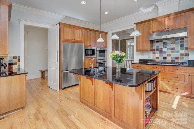 kitchen with under cabinet range hood, stainless steel appliances, light wood finished floors, a center island with sink, and crown molding