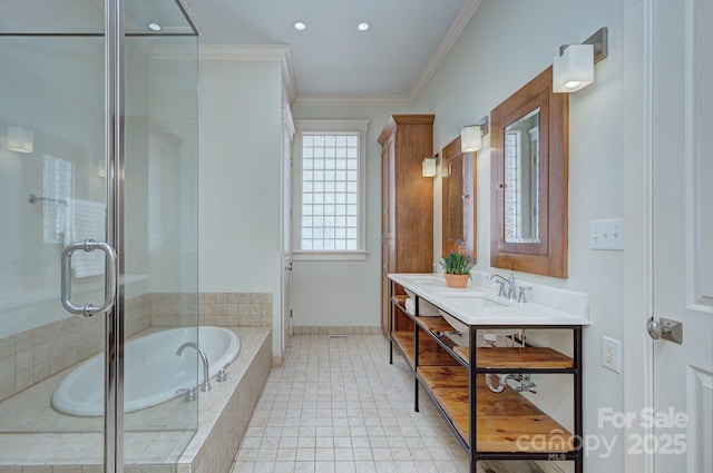 full bath with a garden tub, a shower with shower door, vanity, tile patterned floors, and crown molding