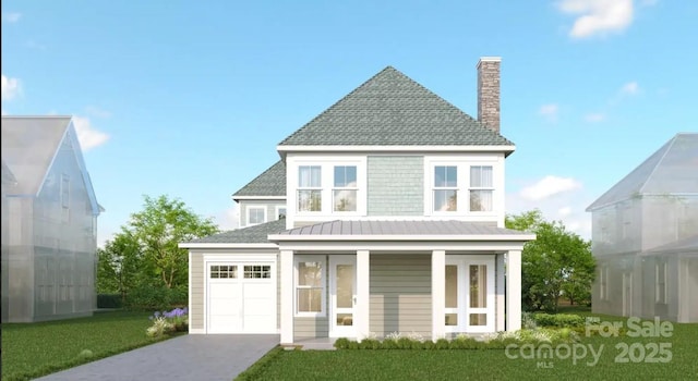 view of front facade featuring a garage, a chimney, a front lawn, and concrete driveway