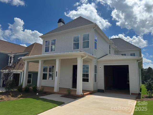 7459 Fighting Creek Rd Unit 33, Sherrills Ford, NC 28673 - view of front facade with covered porch, a chimney, concrete driveway, roof with shingles, and a garage