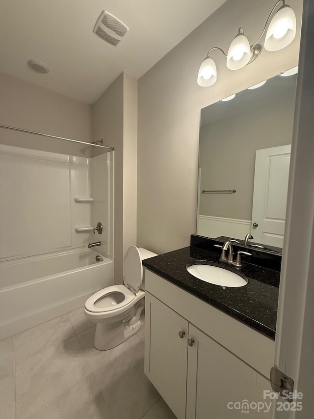 bathroom featuring visible vents, toilet, vanity, shower / tub combination, and tile patterned flooring