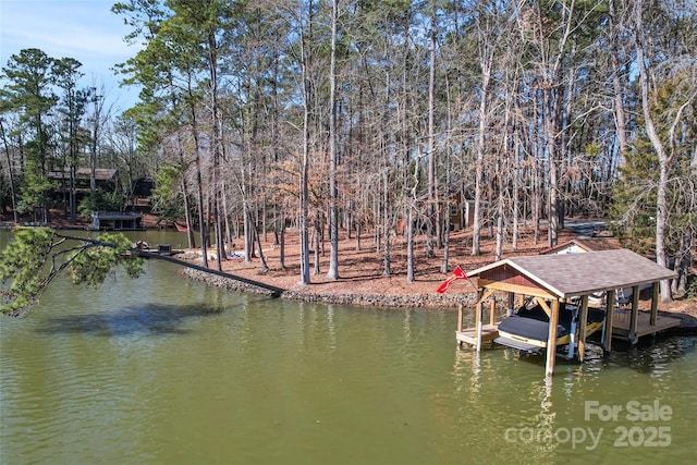 dock area with a water view and boat lift