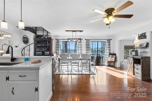 kitchen featuring decorative light fixtures, a ceiling fan, ornamental molding, a sink, and wood finished floors