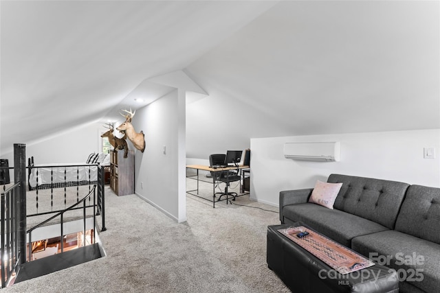 home office featuring lofted ceiling, carpet floors, a wall mounted air conditioner, and baseboards