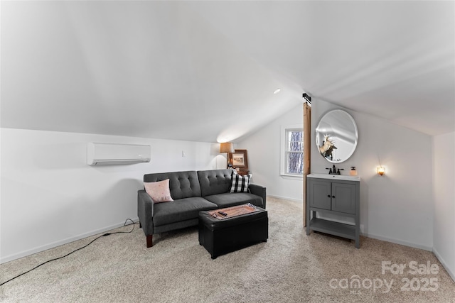 living area with lofted ceiling, an AC wall unit, light carpet, and baseboards