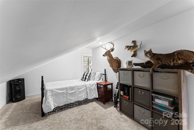 carpeted bedroom featuring lofted ceiling