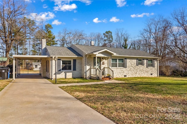 single story home featuring concrete driveway, brick siding, crawl space, and a front yard