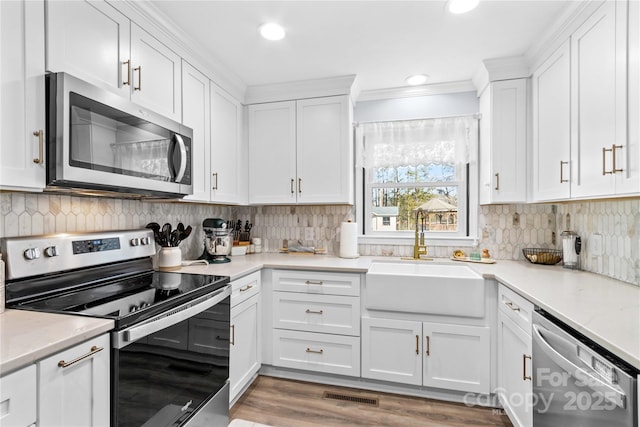 kitchen featuring stainless steel appliances, a sink, and white cabinetry