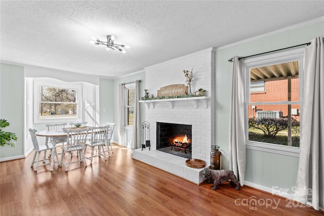 living area featuring plenty of natural light, a fireplace, and wood finished floors