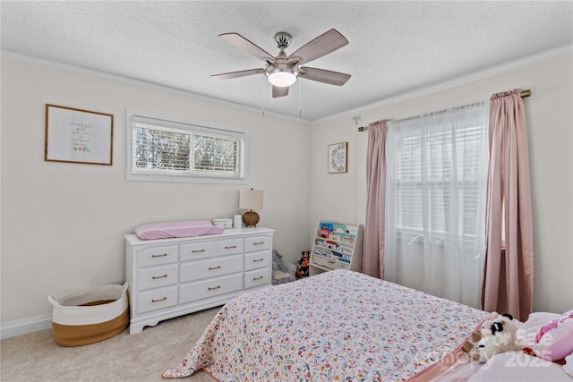 bedroom with a ceiling fan, light colored carpet, crown molding, and a textured ceiling